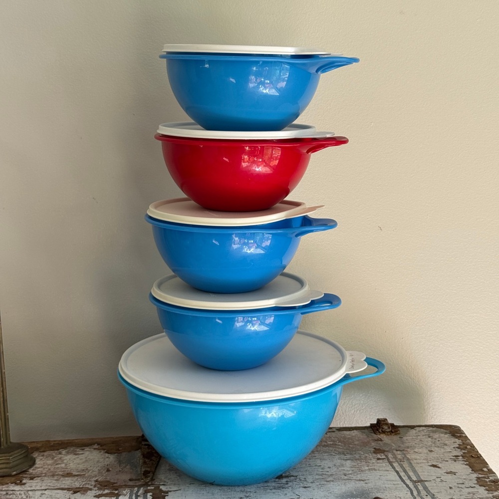 Tupperware Thatsa Bowl Nesting Set of 5 Red Blue Mixing Bowls with Lids USA